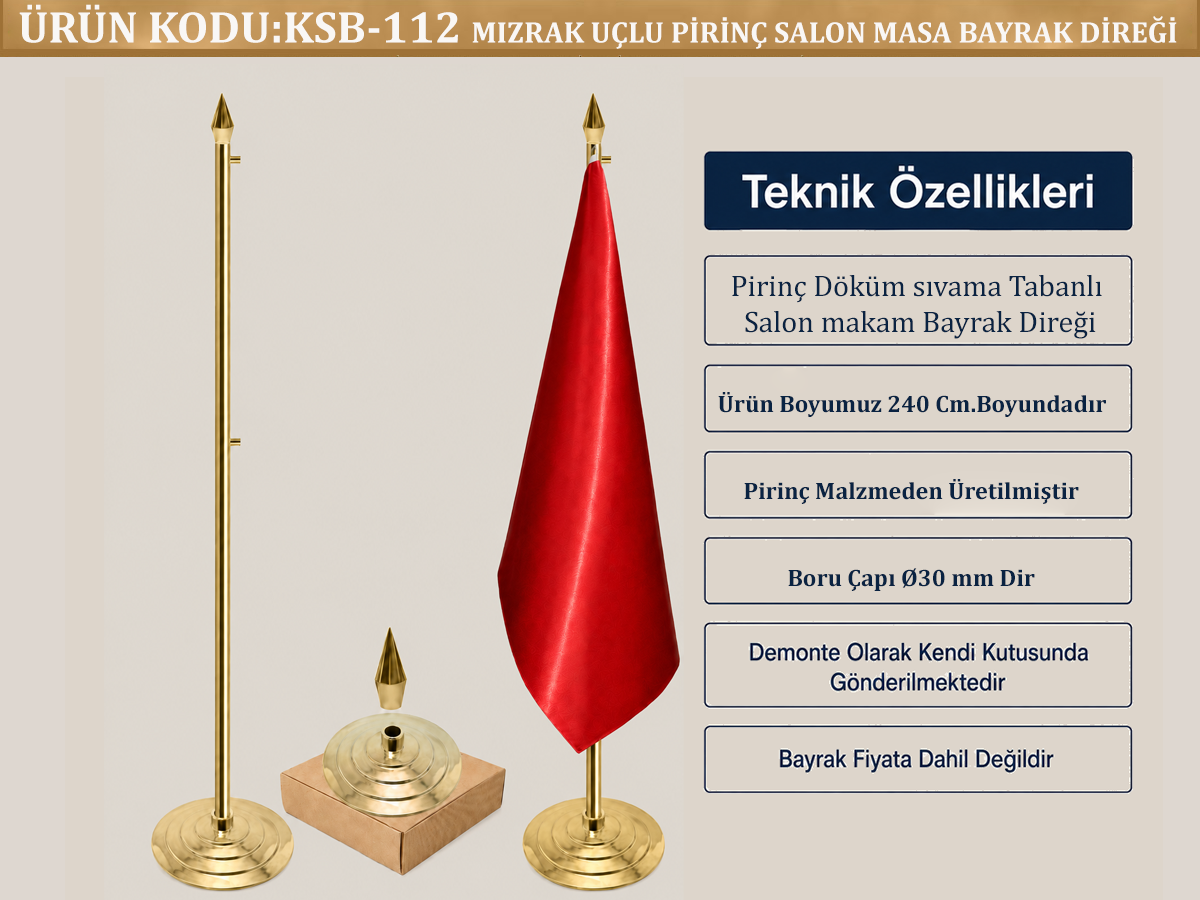 Pirinç Salon Makam Bayrak Direği Mızrak Uçlu
