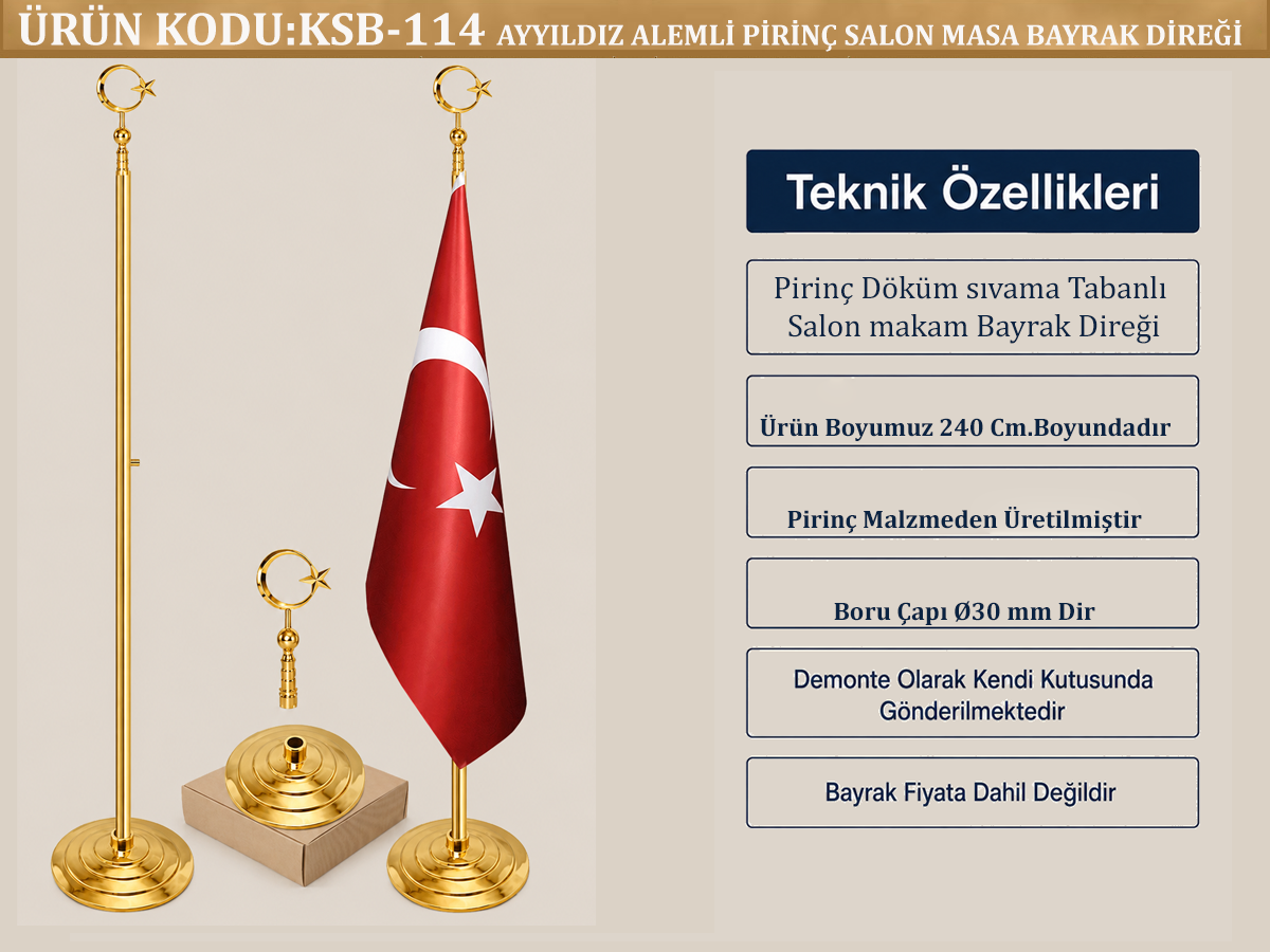 Pirinç Salon Makam Bayrak Direği Ay Yıldız Alemli