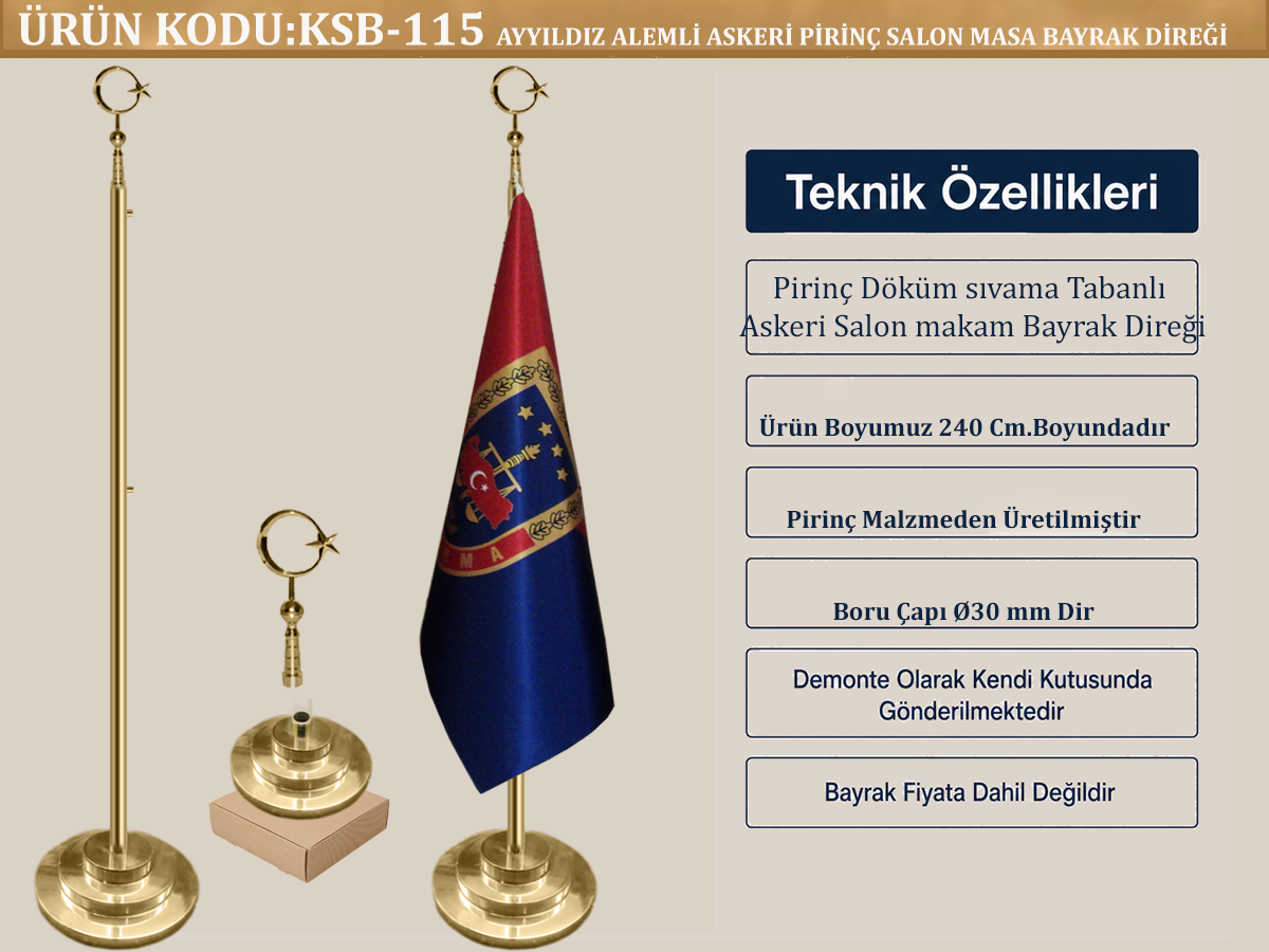 Pirinç Askeri Salon Makam Bayrak Direği Ayyıldız Alemli