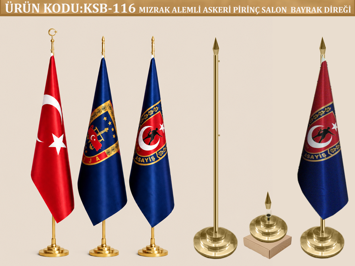Pirinç Askeri Salon Makam Bayrak Direği Mızrak Uçlu