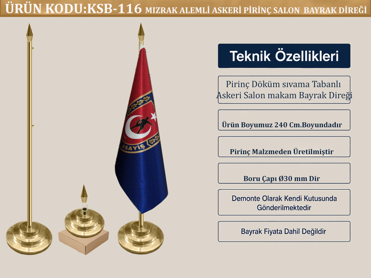 Pirinç Askeri Salon Makam Bayrak Direği Mızrak Uçlu
