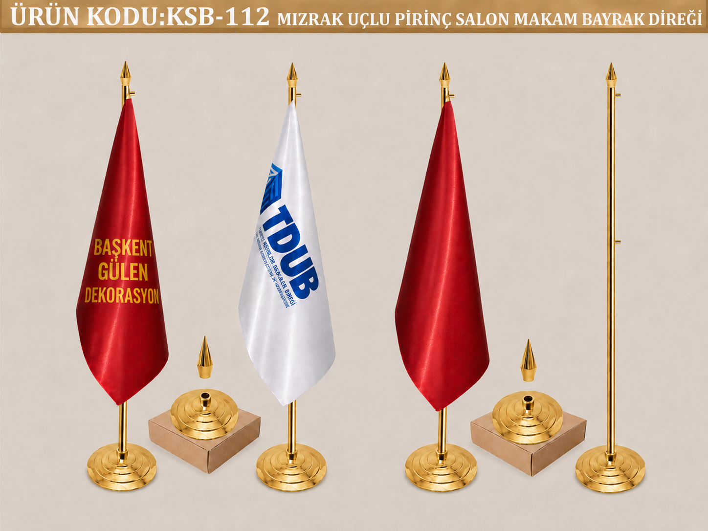 Pirinç Salon Makam Bayrak Direği Mızrak Uçlu