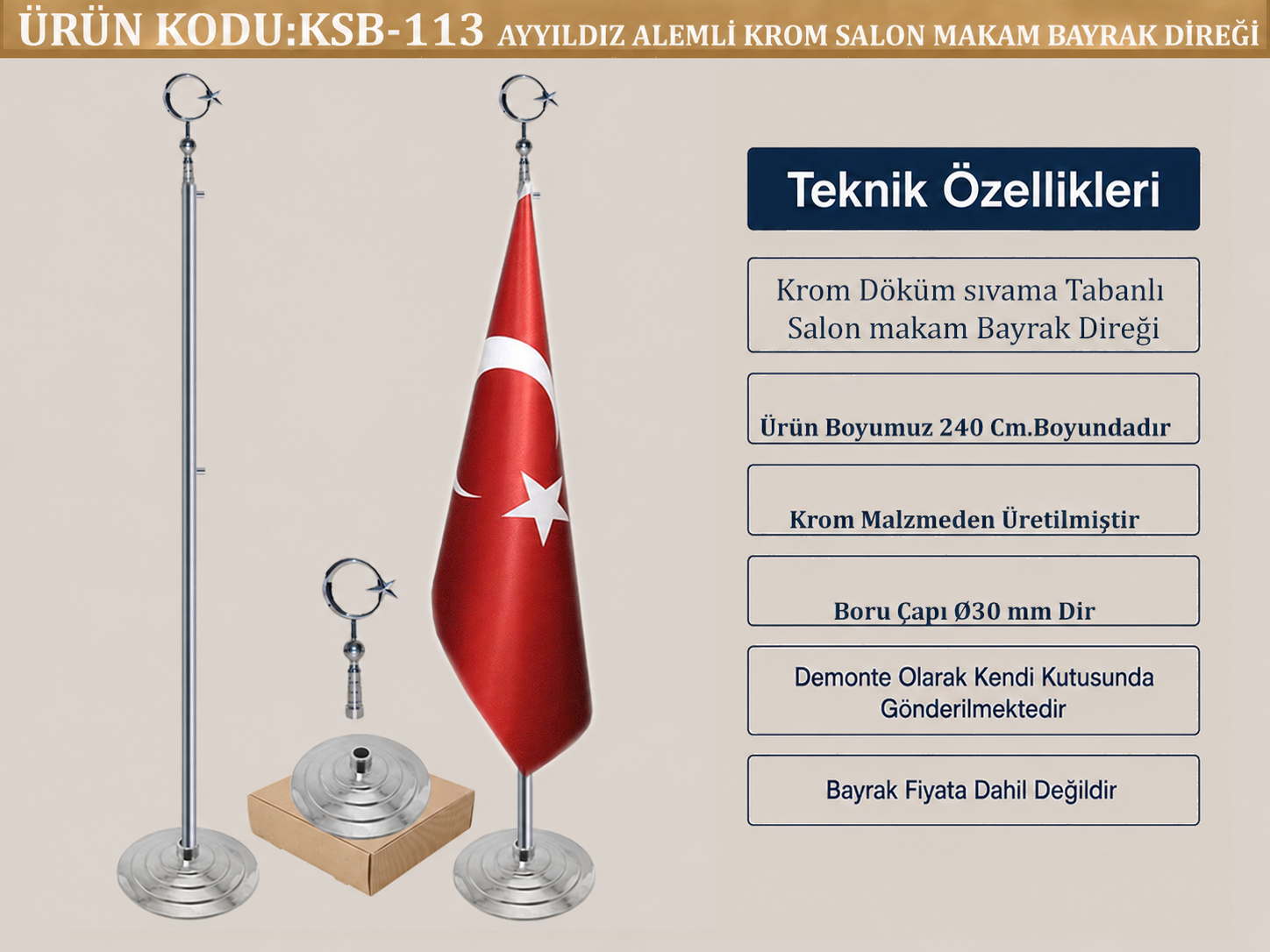 Krom Salon Makam Bayrak Direği Ayyıldız Alemli
